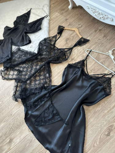 Büyük Beden Siyah Saten Çeyiz Seti